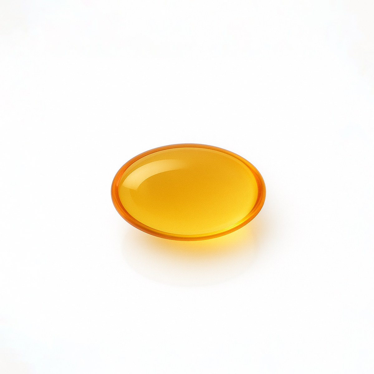 A single translucent oval amber-yellow gel cap softgel on a clean white background.