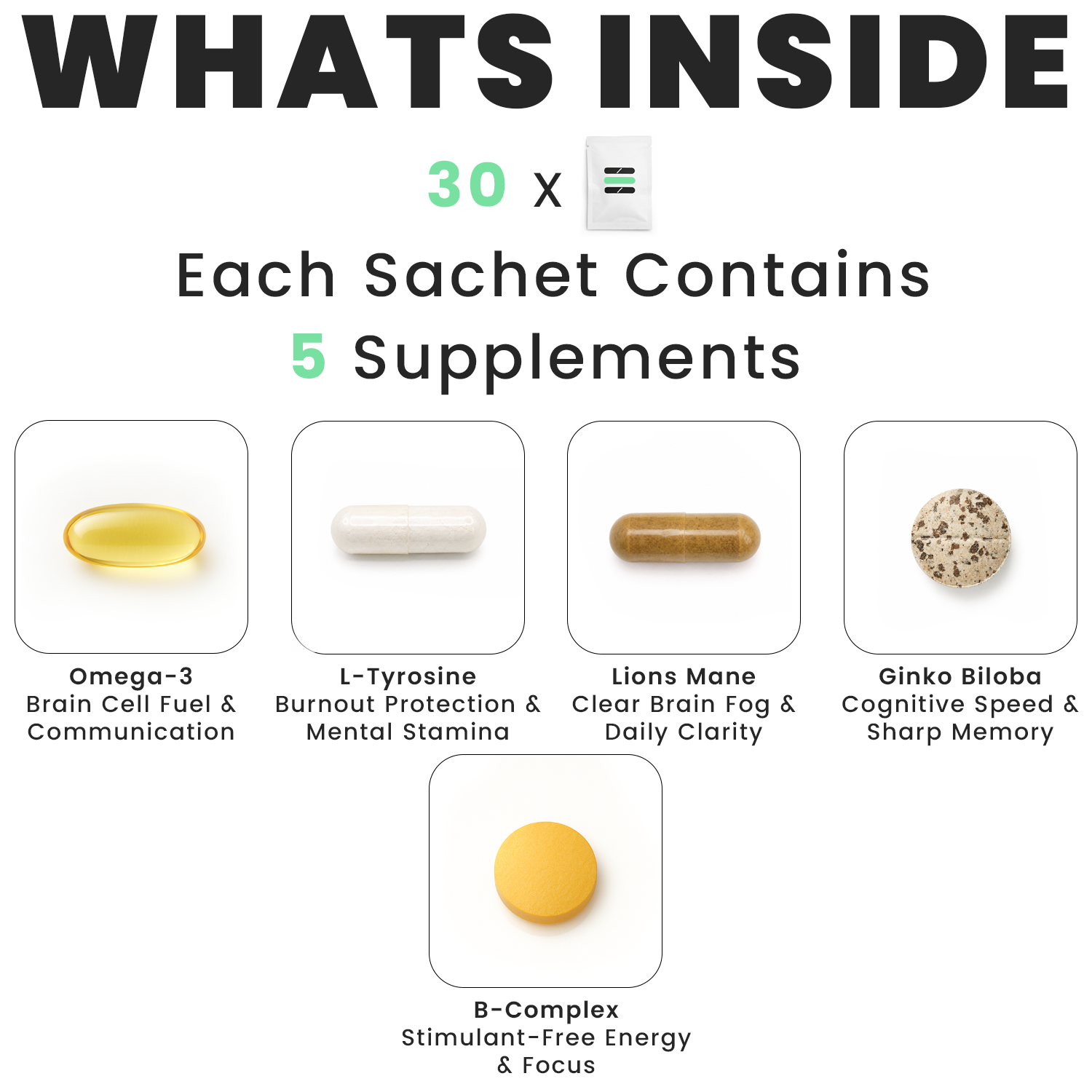Supplement packaging with various pills and text indicating contents per sachet.