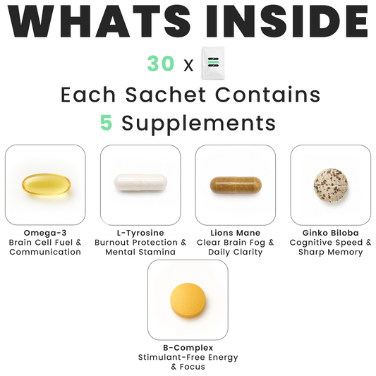 Supplement packaging with various pills and text indicating contents per sachet.