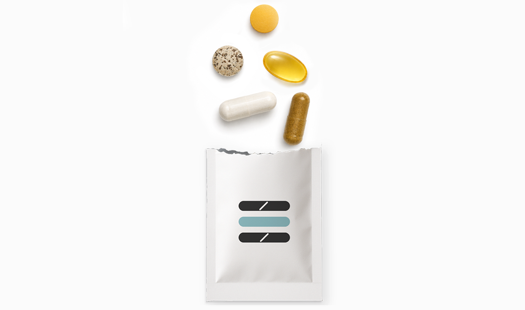 Supplement package with various pills and a white pouch on a white background