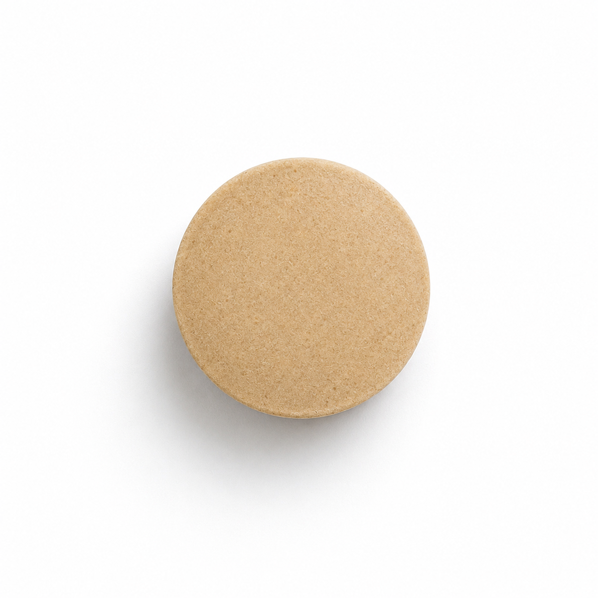 A single round, light tan ginseng tablet supplement on a clean white background with a soft drop shadow.