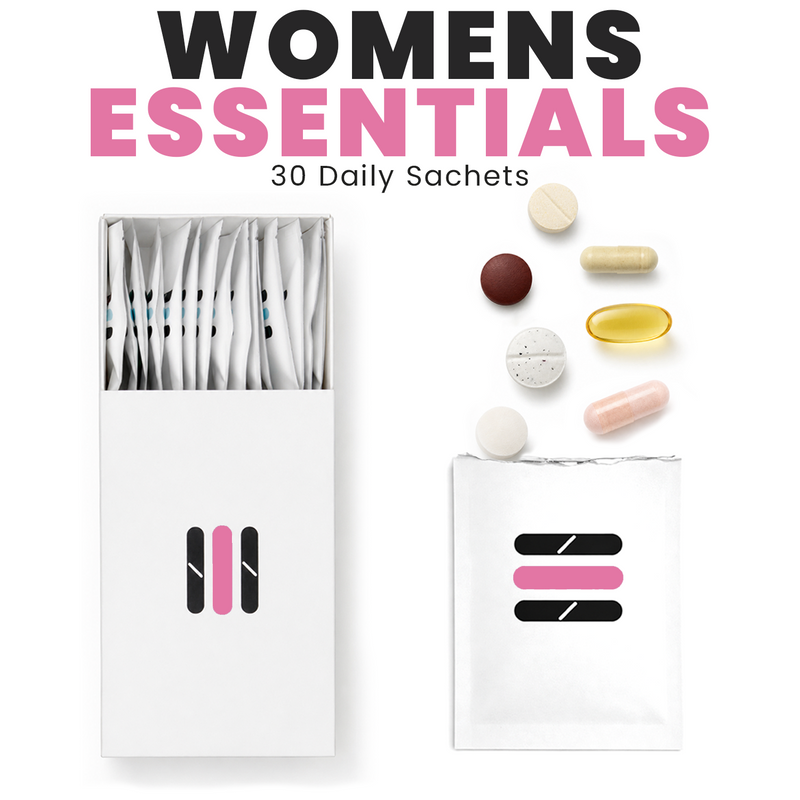 Product packaging with 'Womens Essentials' text and various items on a white background