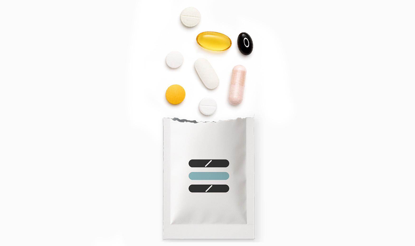 Colorful pills and a white packaging pouch on a white background