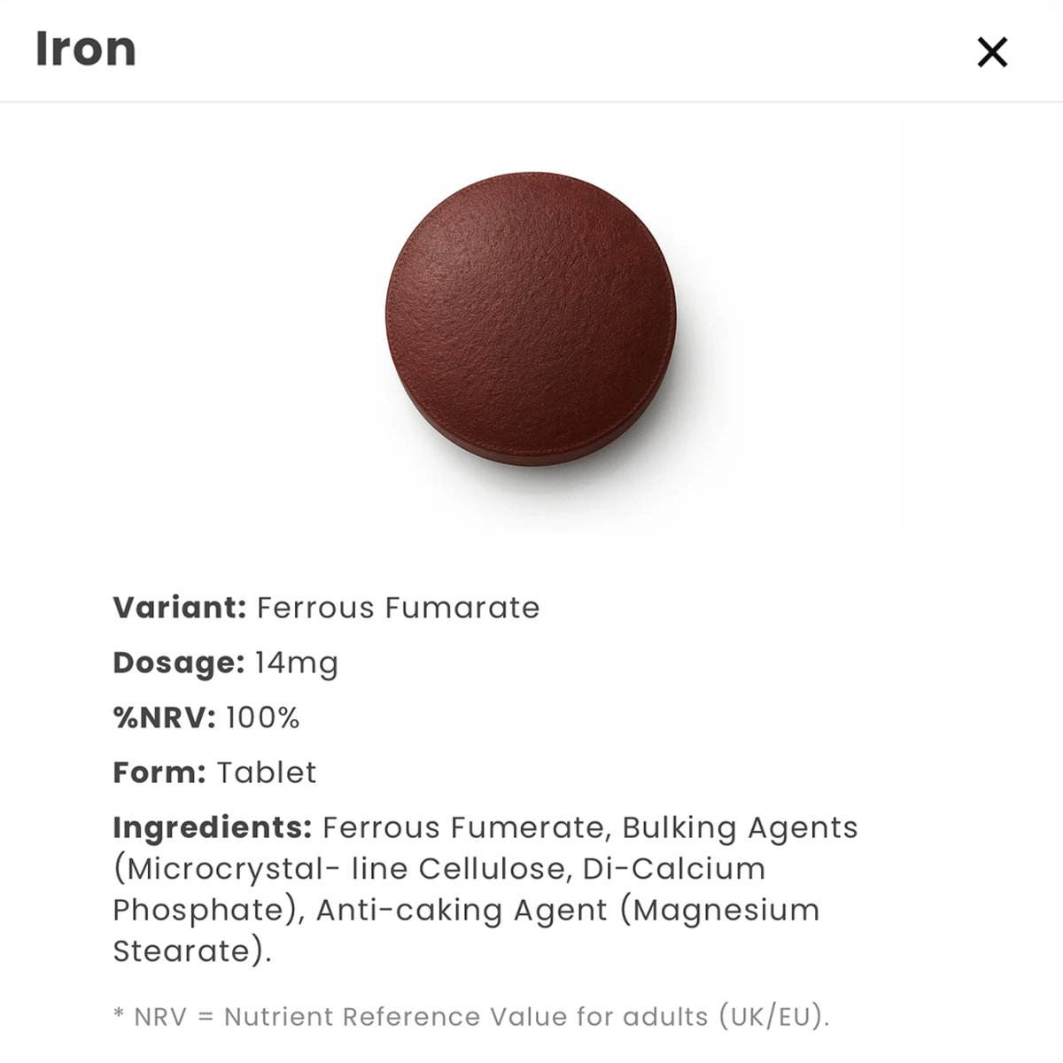 Supplement information showing ingredients, form and dosage