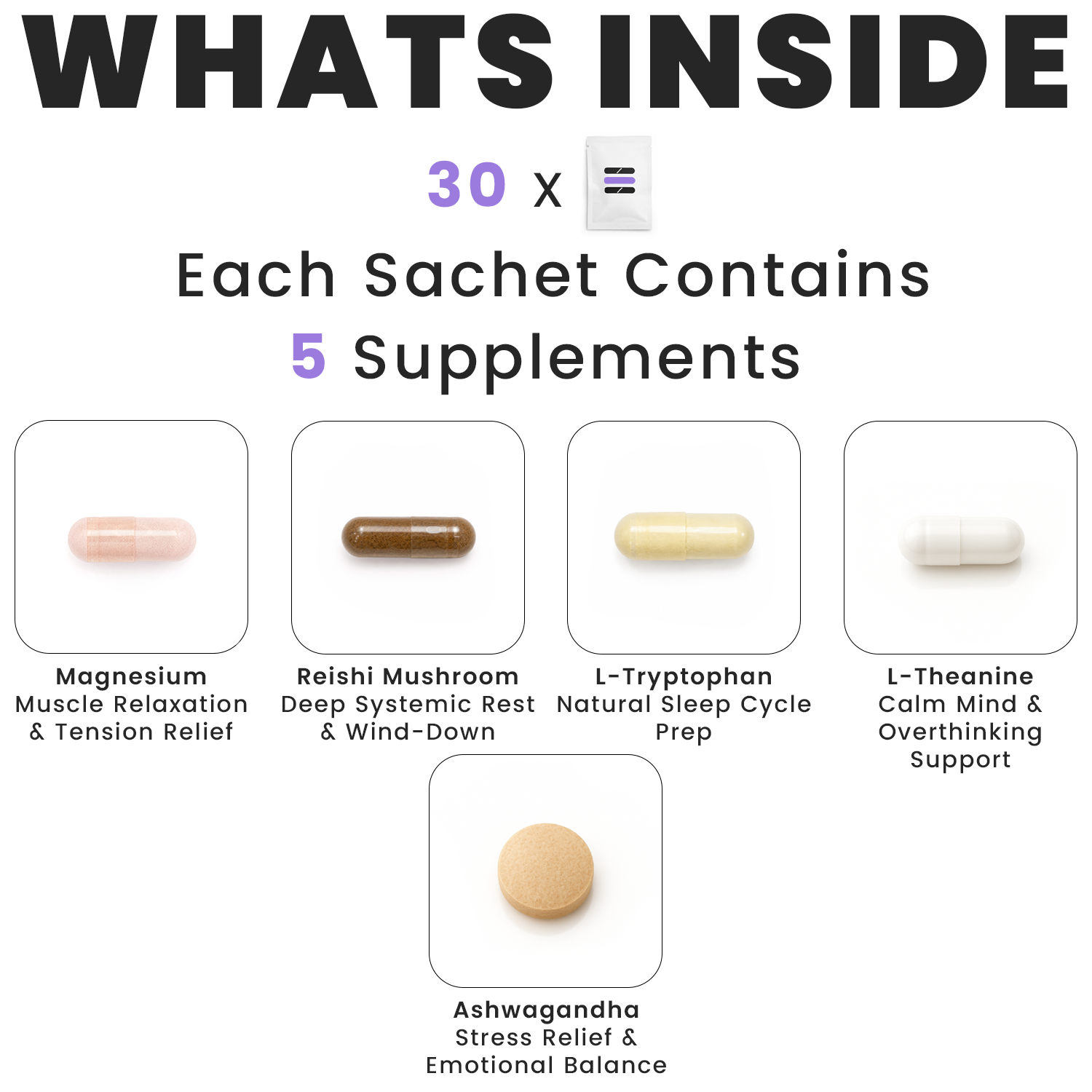 Supplement packaging with various pills and text indicating contents and benefits.