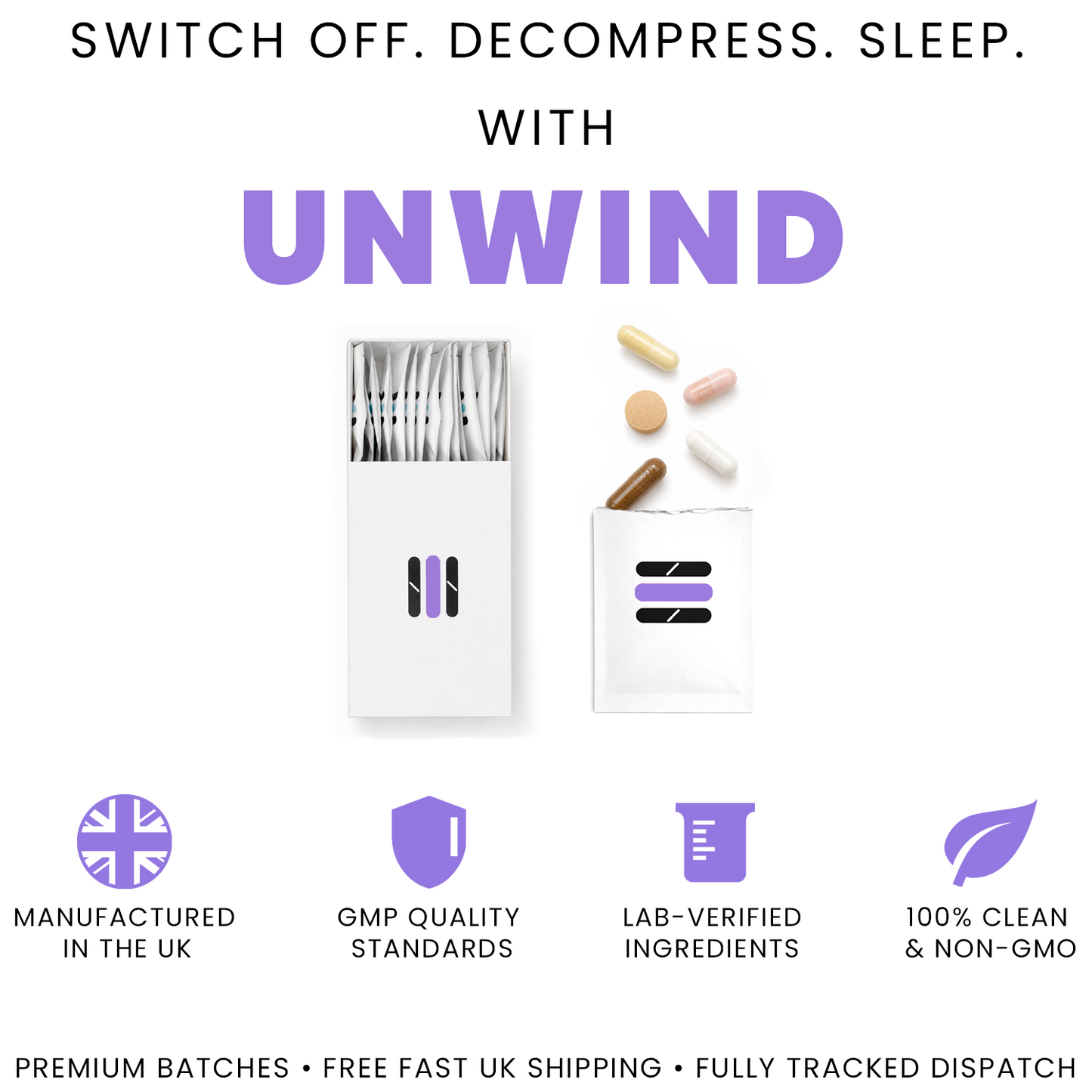 Advertisement for 'Unwind' products with packaging and pills on a white background, featuring text and icons about product features.