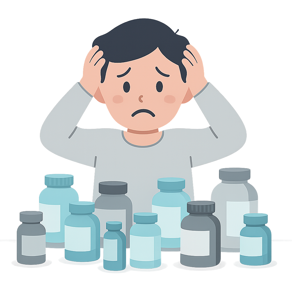 Illustration of a distressed person surrounded by various medicine bottles on a white background