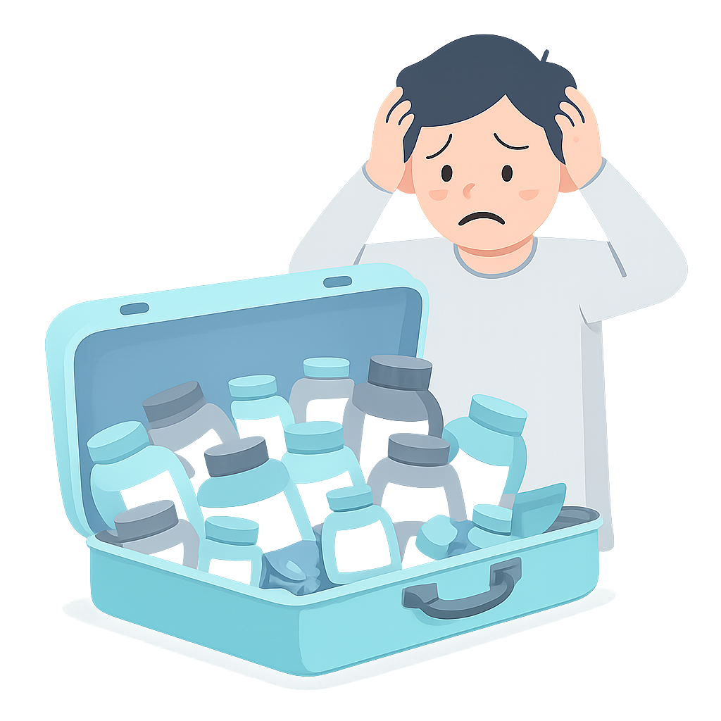 Illustration of a person with a suitcase full of medicine bottles, indicating a medical or health-related theme.