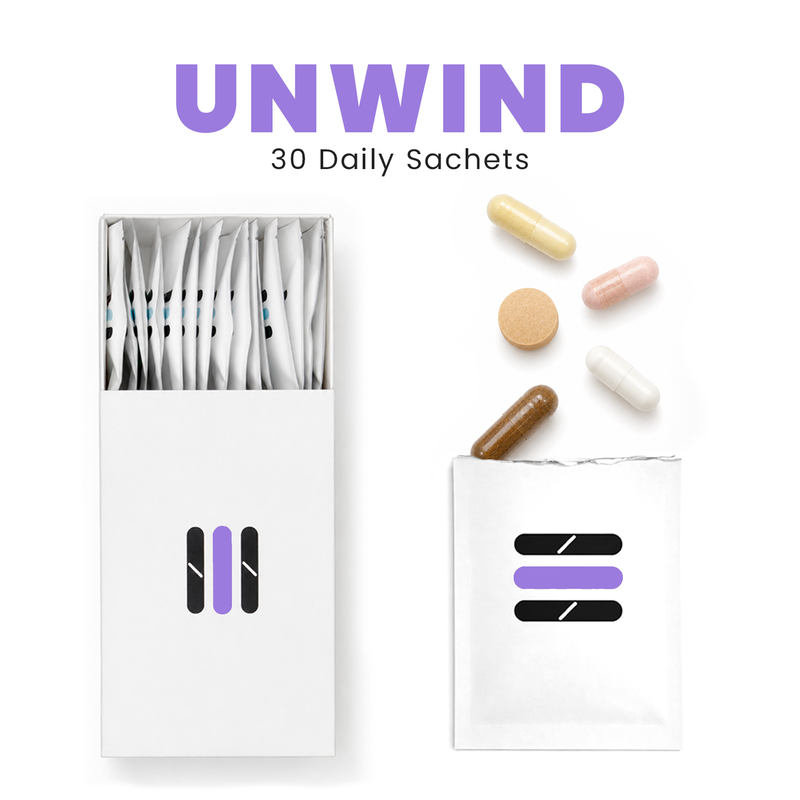 Packaging of 'UNWIND' 30 Daily Sachets with various colored pills on a white background.
