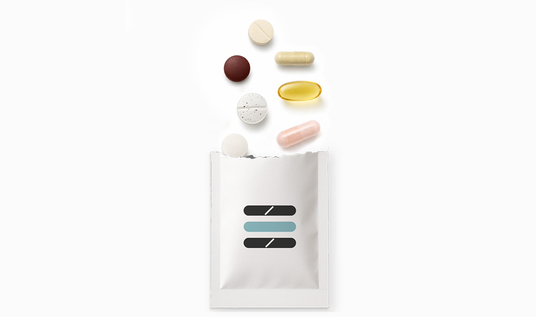 Pill packaging with various pills on a white background